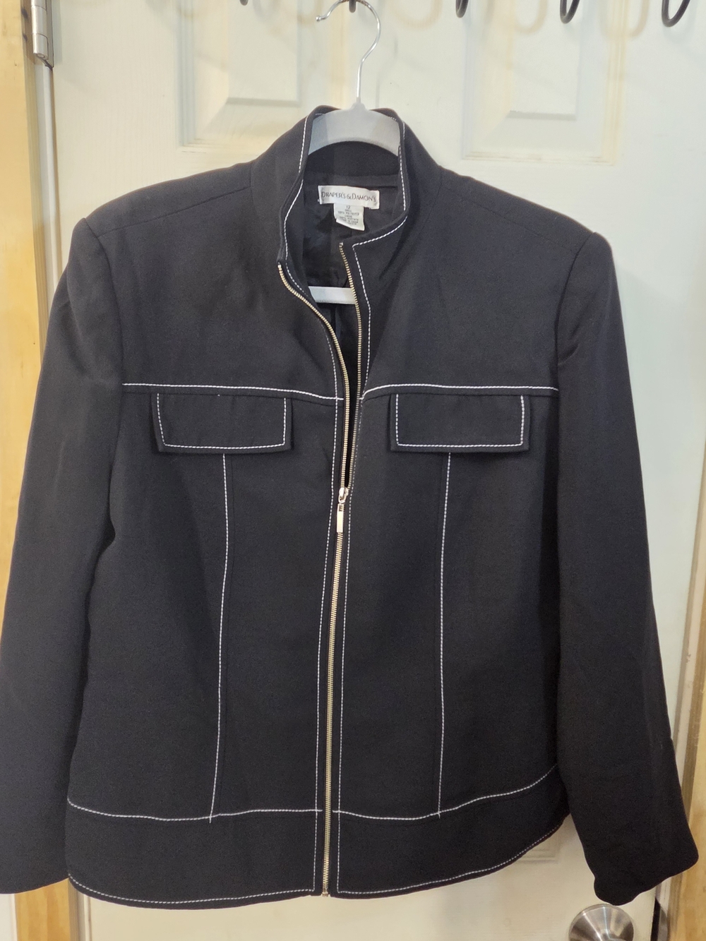 Vintage Style Drapers & Damons Black Zip-Front Contrast Stitch Jacket